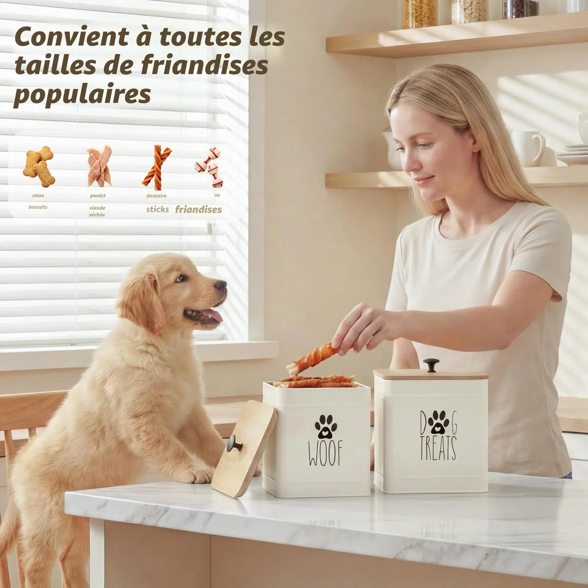 PerfNIQUE Boîte à friandises pour chien, avec 2 couvercles hermétiques, comptoir de cuisine et récipients de traitement pour animaux de compagnie, 7,8 x 6,2, 7,3 x 5,5 cm, blanc