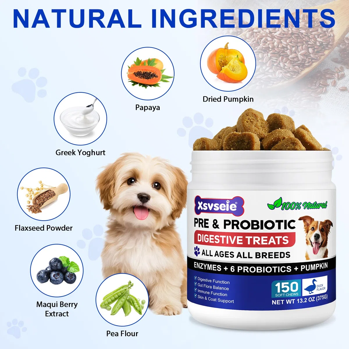 Probiotiques pour Chiens, Digestive Remedies for Dogs, enzymes digestives, santé intestinale, démangeaisons cutanées, Allergies, système immunitaire et Soutien à la santé Globale,150 Chews Duck