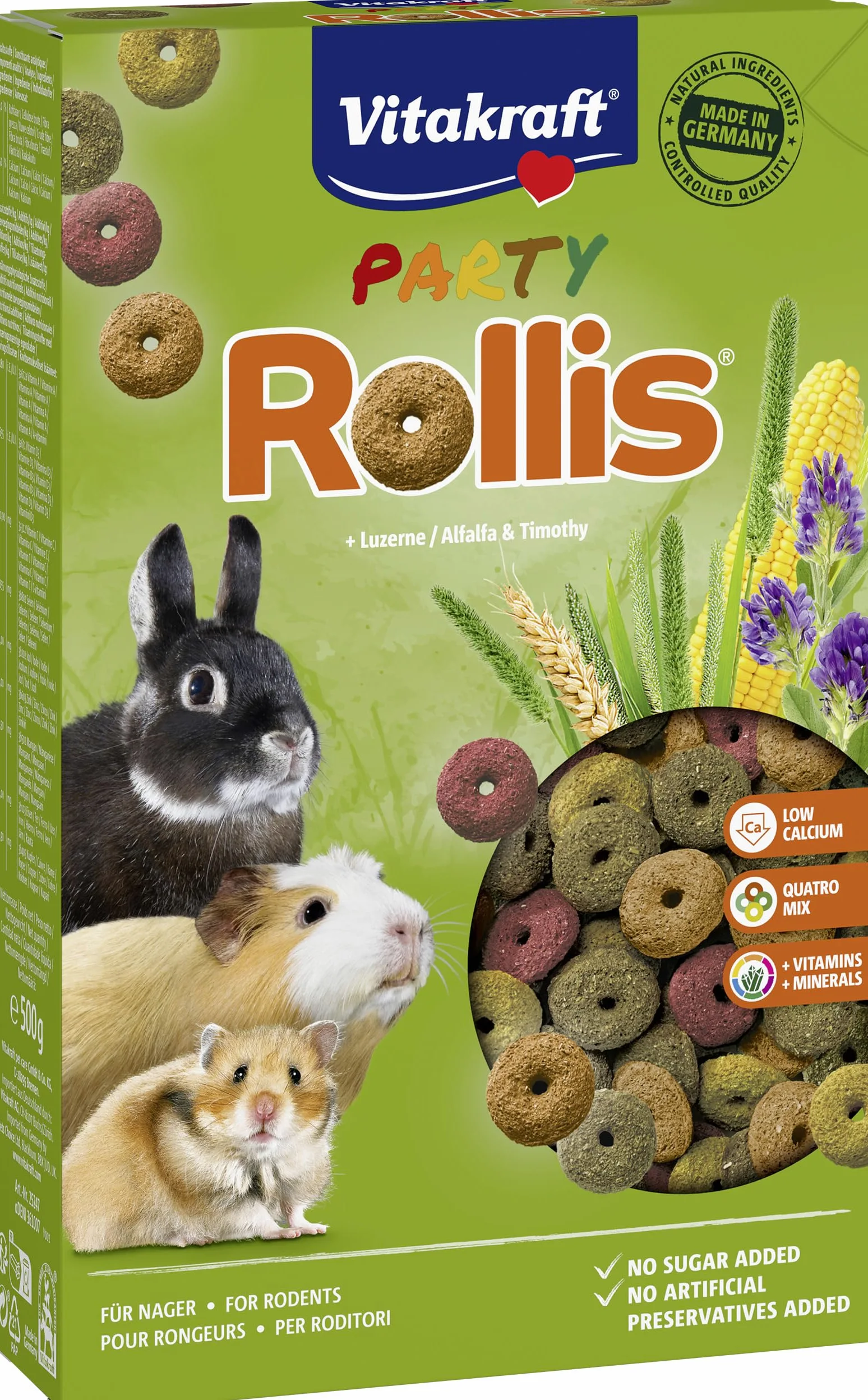 Vitakraft Rollis, anneaux croustillants pour rongeurs, faible en calcium, avec luzerne, complément ou snack, sans sucre ajouté ni céréales (7x 500g)