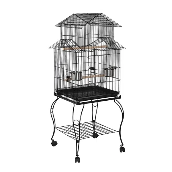 Abician Cage Oiseaux sur Pied avec Toiture Triple-A Cage sur roulettes avec Support Détachable 59 x 59 x 139,5 cm