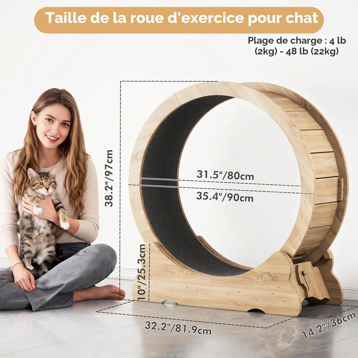 Mondeer Roue pour Chat d'intérieur avec Piste Moquette, Tapis de Course XL de 90 cm avec Tapis Amovible et Jouet pour Chat, pour Course à Pied, Marche, entraînement (Bois Naturel)