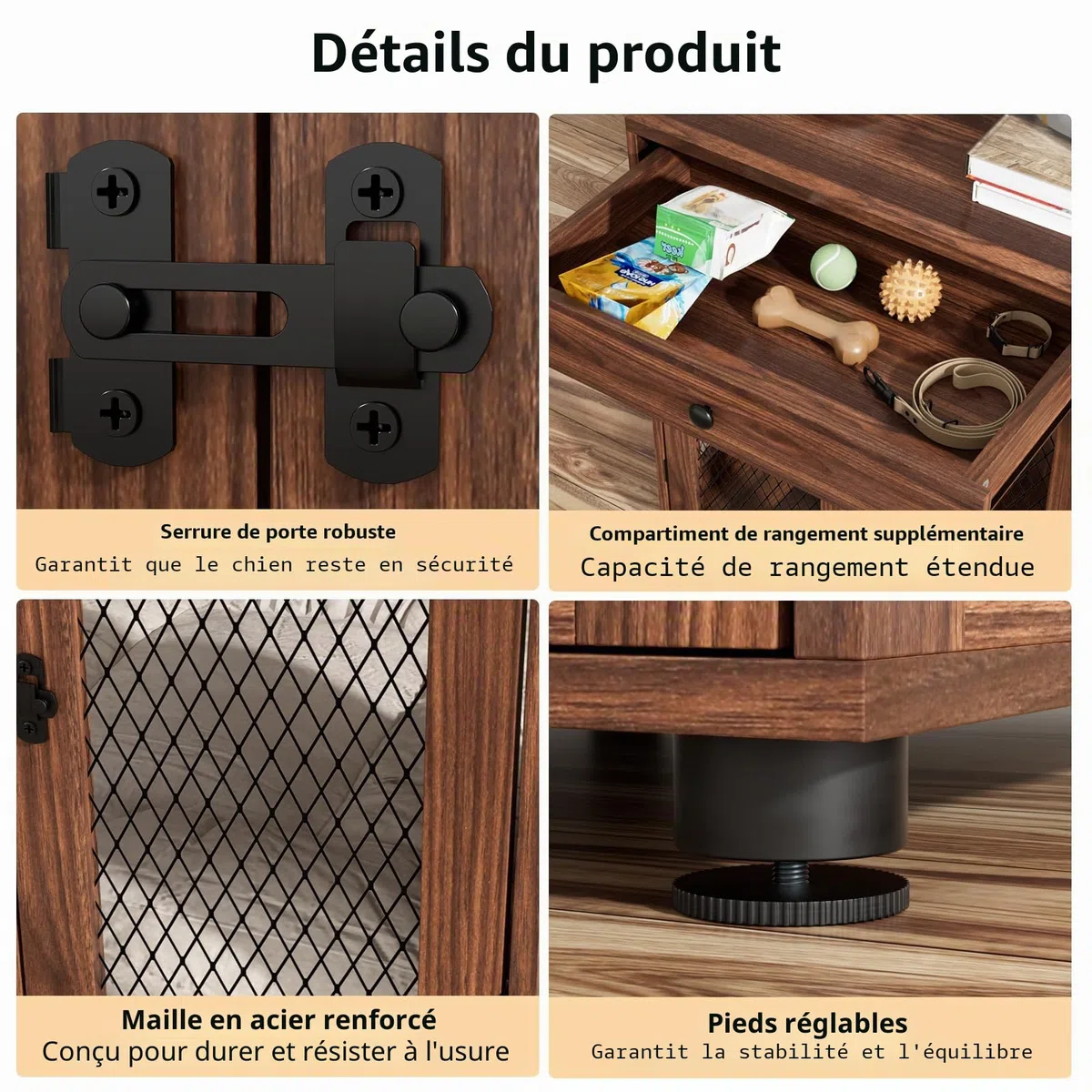 VOWNER Cage pour chien - Meuble d'intérieur - En bois - 3 portes - Avec tiroir - Niche moderne comme table d'appoint - 60 x 80 x 69 cm - Pour les chiens de petite/moyenne taille à la maison de moins